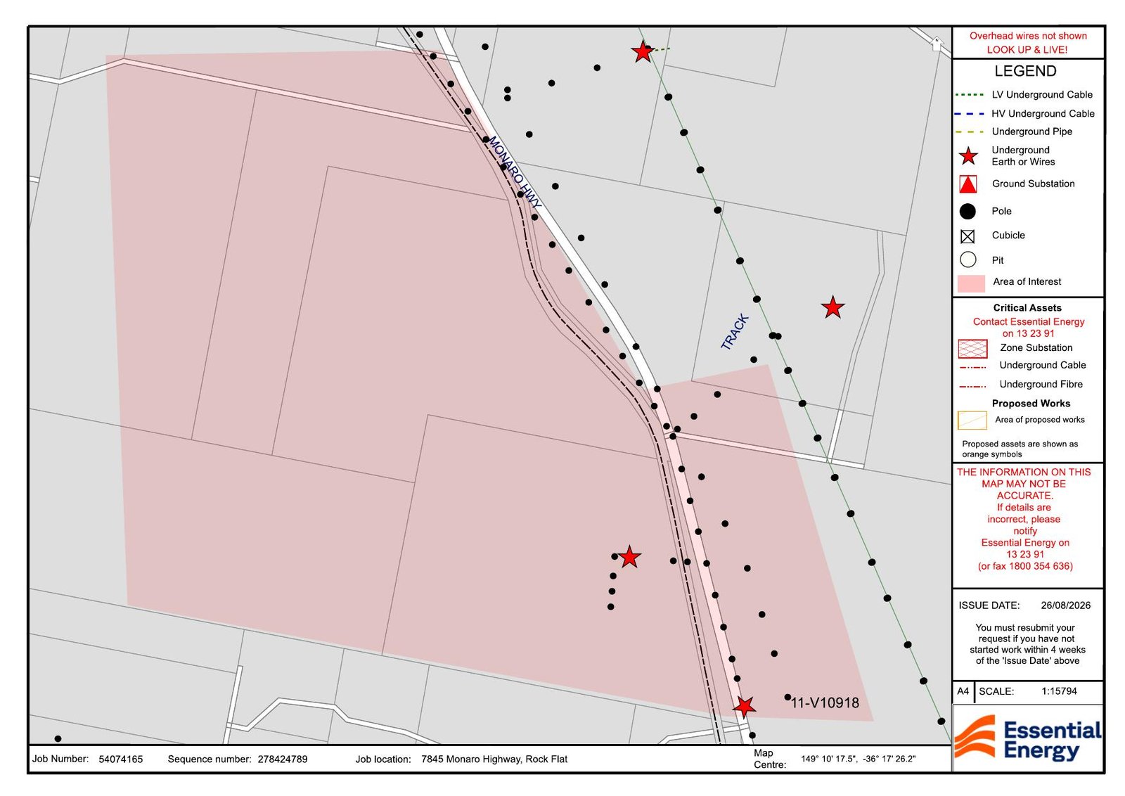 Essential Energy asset plan showing the area of interest shaded pink with two lines of poles crossing it and four marked underground earthing assets.
