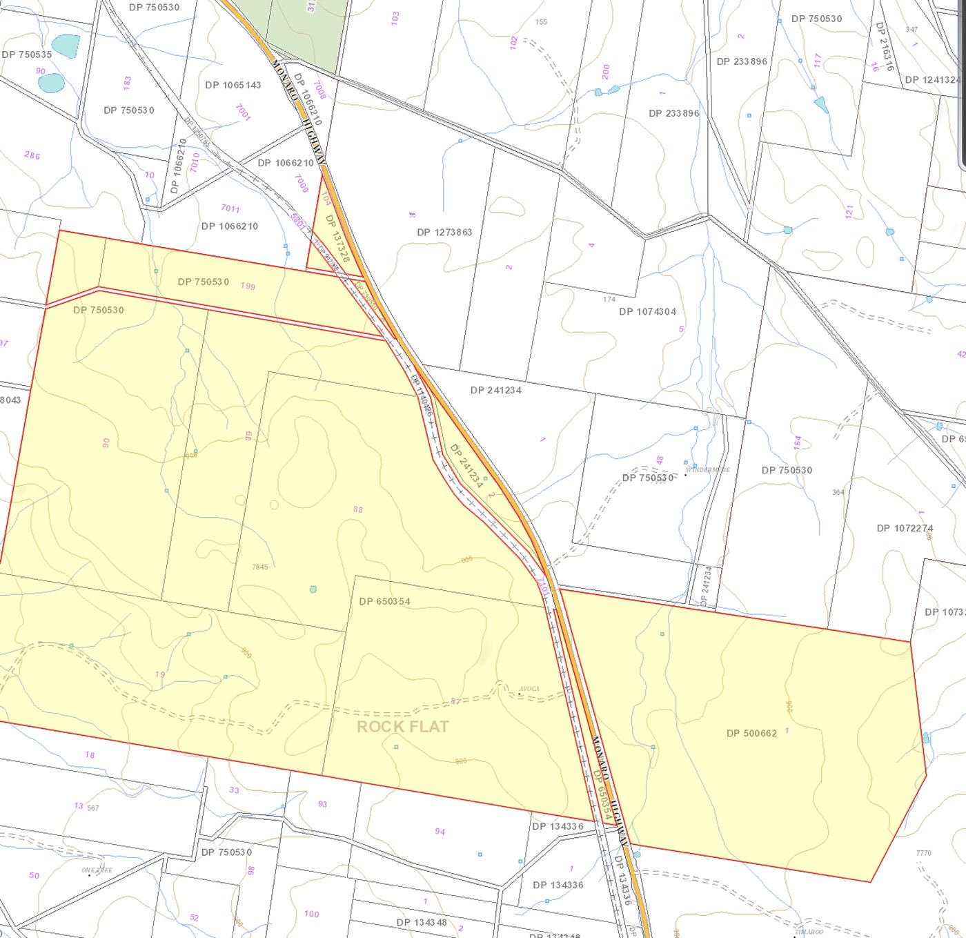 Cadastral extract showing the constituent lots and Monaro Highway frontage.