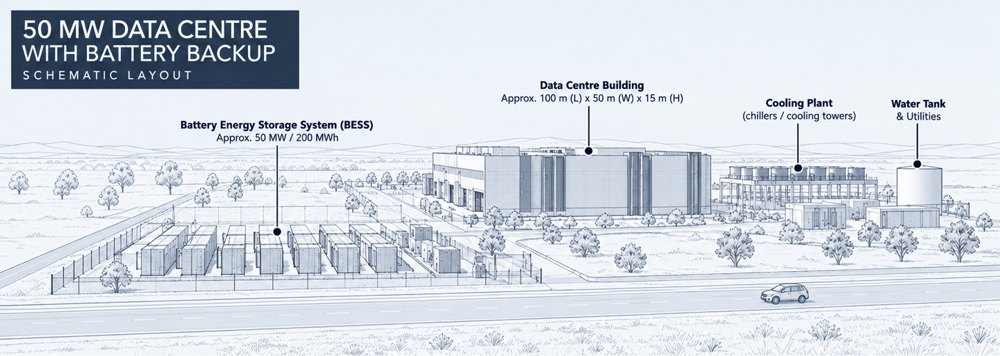Schematic line drawing of the same 50 megawatt layout: data centre building of about 100 by 50 metres, a battery energy storage yard of about 50 megawatts and 200 megawatt hours, cooling plant and a water tank, set back from the highway.