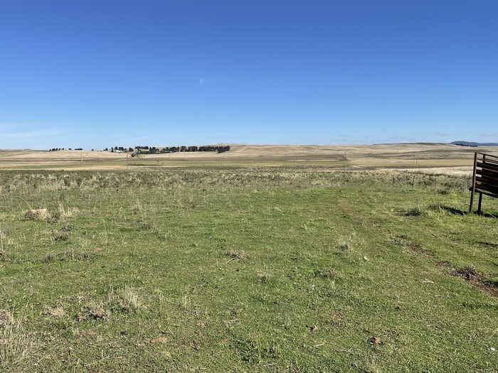 Open grassed paddock in the foreground with the Monaro Highway corridor, powerlines and a distant farmstead beyond.