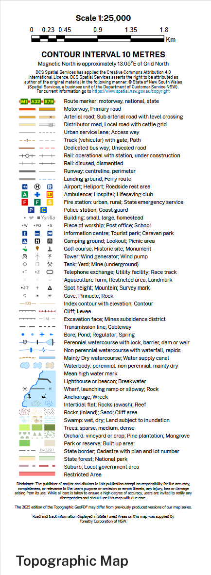The legend from the topographic map sheet. It lists the scale of 1 to 25,000, a contour interval of 10 metres, and the symbols used for roads by class, tracks, railways, buildings, tanks, yards, mines, transmission lines, cableways, bores, ponds, springs, perennial and non-perennial watercourses, waterbodies, contours and index contours, cliffs and levees, sparse, medium and dense trees, orchards and plantations, parks, built-up areas, cadastre with plan and lot number, State forest and national park, and restricted areas.