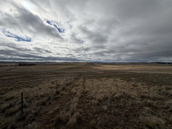 A fence line running straight across open tussock grassland towards a low rise, with pole lines and a farmstead far in the distance.